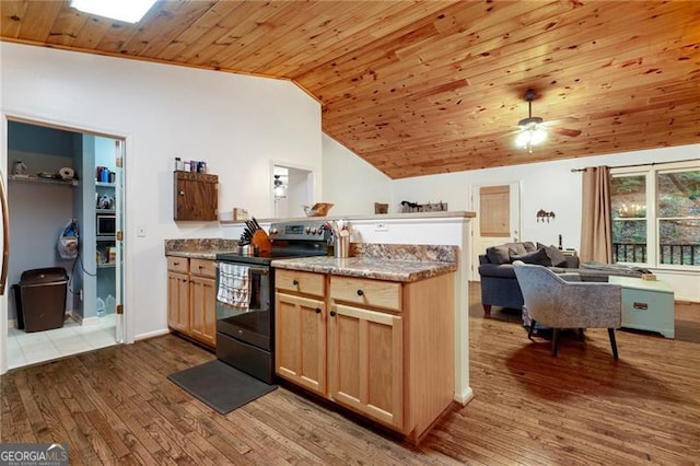 kitchen featuring black electric range, wood-type flooring, lofted ceiling, and wood ceiling