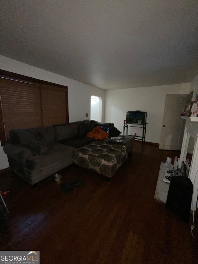 living room featuring a stone fireplace and dark hardwood / wood-style floors