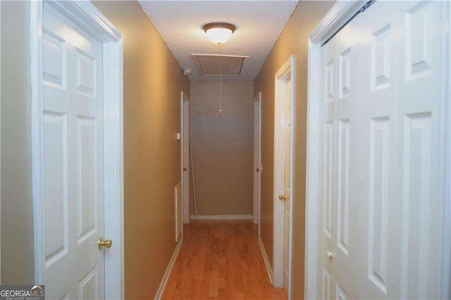 hallway featuring light wood-type flooring and a textured ceiling