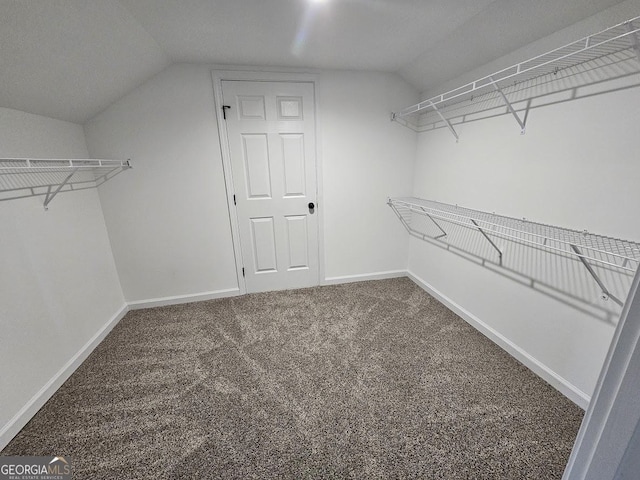 spacious closet with carpet floors and vaulted ceiling