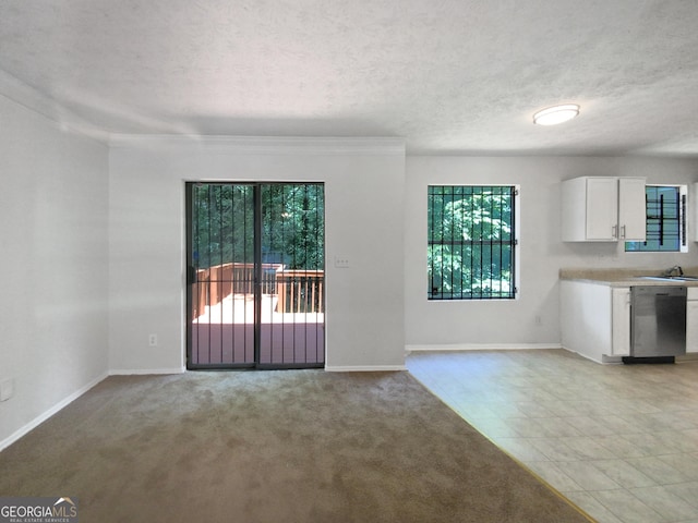 interior space with crown molding, sink, light colored carpet, and a textured ceiling