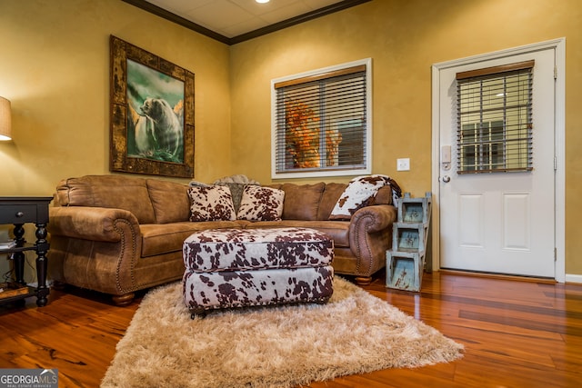 living room featuring wood-type flooring and ornamental molding