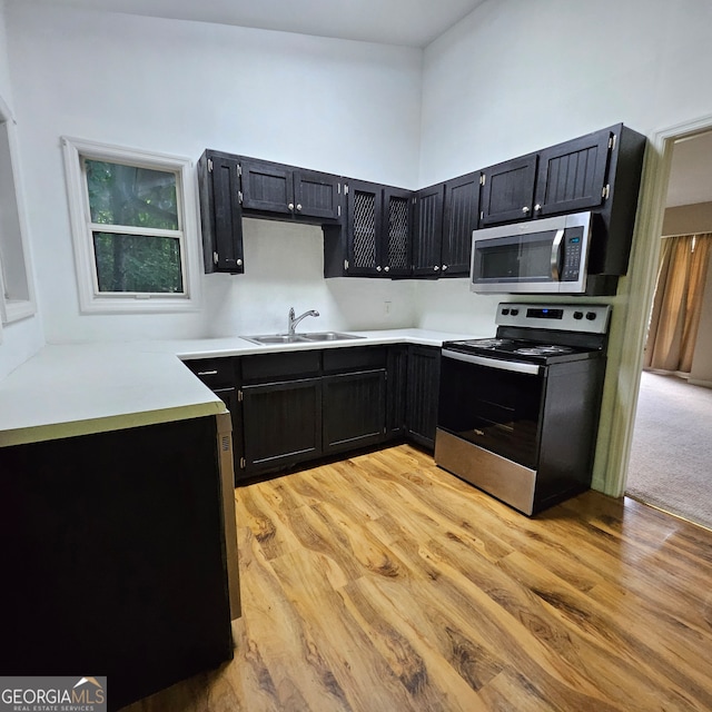 kitchen featuring light colored carpet, sink, a high ceiling, and stainless steel appliances