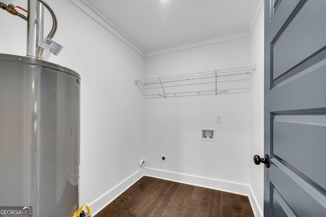 laundry room featuring crown molding, washer hookup, water heater, hookup for an electric dryer, and dark hardwood / wood-style flooring