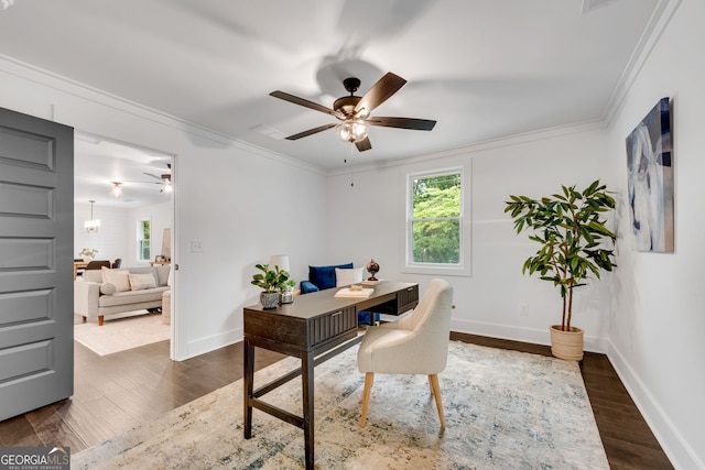 office area featuring crown molding, ceiling fan, and dark wood-type flooring