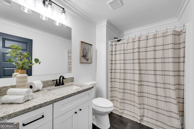 bathroom featuring ornamental molding, tile patterned floors, toilet, vanity, and a shower with shower curtain