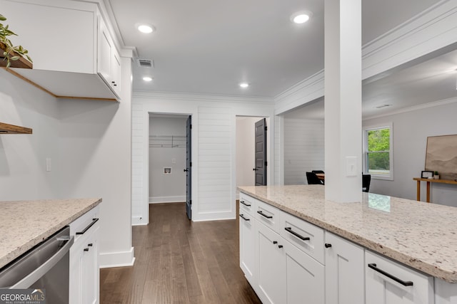 kitchen featuring white cabinets, dark hardwood / wood-style flooring, stainless steel dishwasher, and light stone countertops