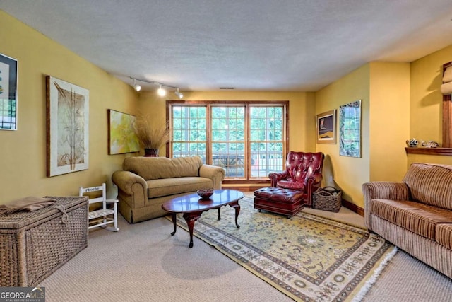 living room with carpet flooring, a textured ceiling, and track lighting