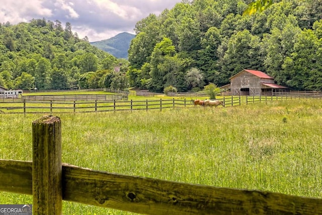 view of yard featuring a mountain view, a rural view, and an outbuilding