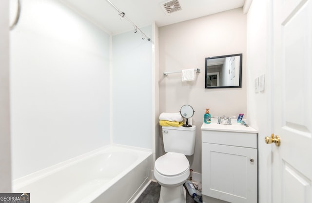 full bathroom with vanity, shower / bathtub combination, and toilet