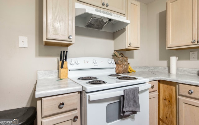 kitchen featuring electric range and light brown cabinets