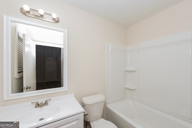 full bathroom featuring toilet,  shower combination, and vanity