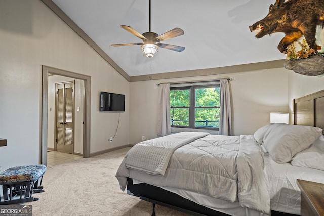 bedroom featuring ceiling fan, light carpet, and high vaulted ceiling