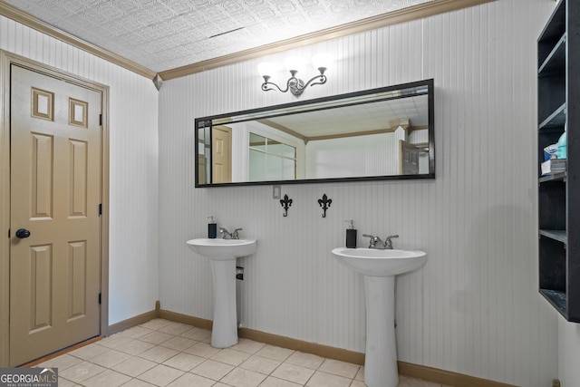 bathroom with tile patterned floors and ornamental molding