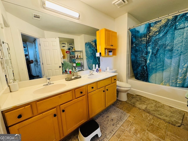 full bathroom with double vanity, tile patterned flooring, toilet, and shower / bathtub combination with curtain