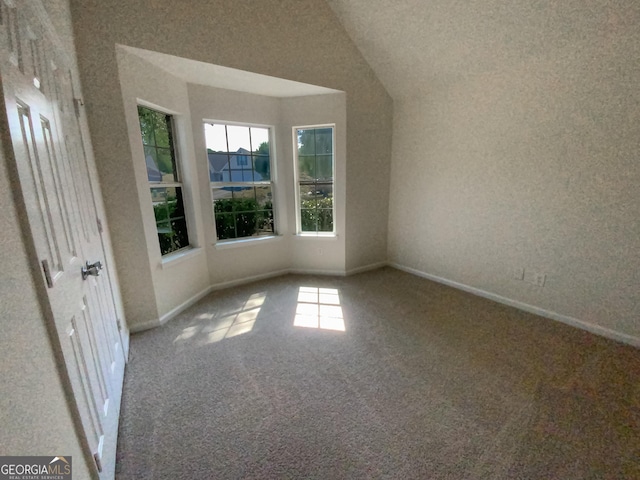 spare room featuring carpet flooring, a healthy amount of sunlight, and vaulted ceiling