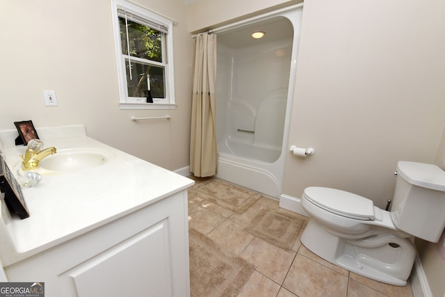 full bathroom with shower / bathtub combination with curtain, tile patterned flooring, vanity, and toilet