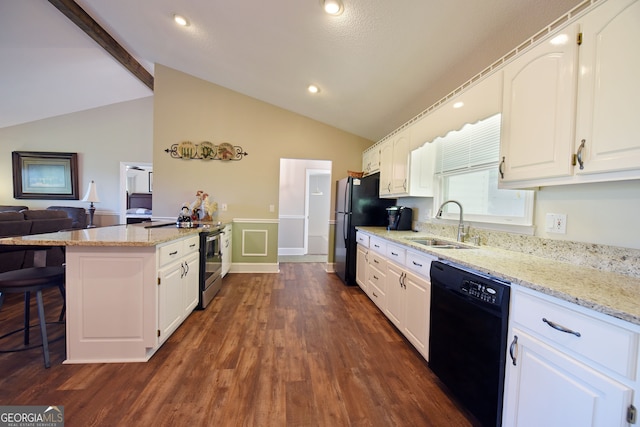 kitchen featuring black appliances, lofted ceiling with beams, sink, dark hardwood / wood-style flooring, and white cabinetry