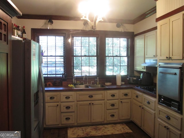 kitchen featuring stainless steel fridge, a wealth of natural light, ventilation hood, sink, and oven