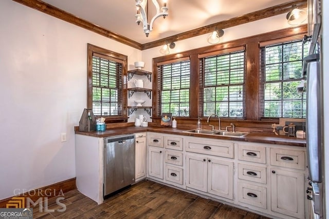 kitchen with white cabinets, dark hardwood / wood-style flooring, stainless steel dishwasher, and sink