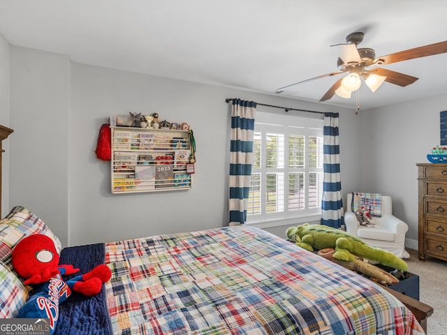 bedroom featuring carpet flooring and ceiling fan