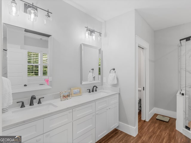 bathroom with hardwood / wood-style flooring, toilet, and double sink vanity