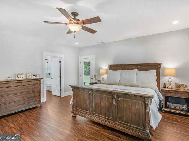 bedroom with access to exterior, dark wood-type flooring, and ceiling fan