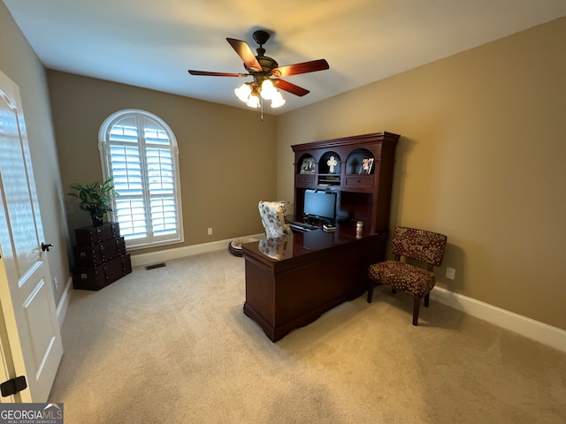 office area featuring ceiling fan and carpet flooring