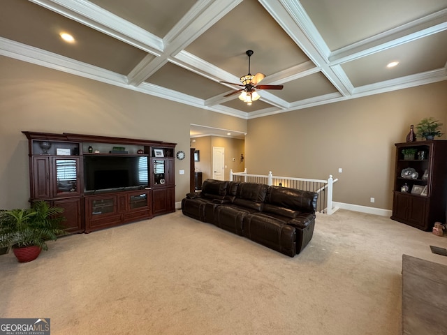 carpeted living room with beam ceiling, crown molding, coffered ceiling, and ceiling fan