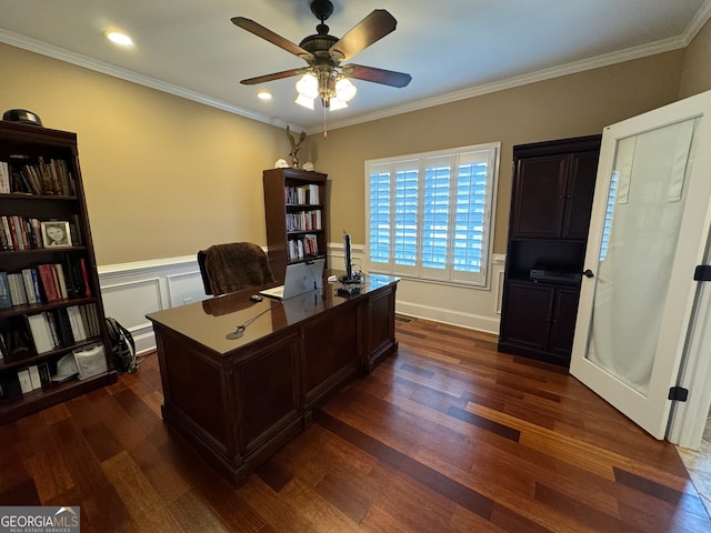 office area featuring crown molding, ceiling fan, and dark hardwood / wood-style flooring