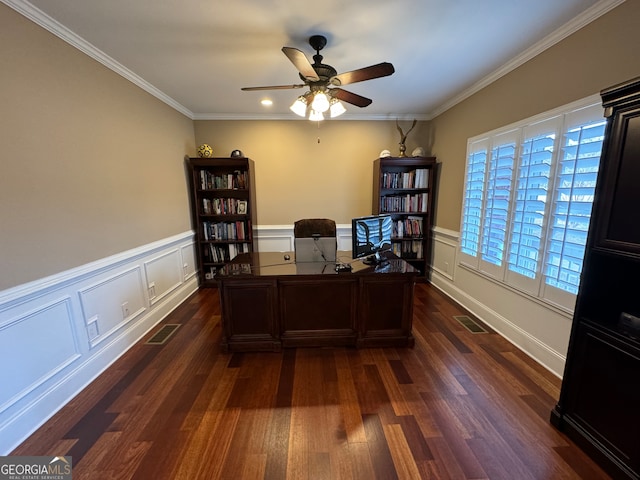 home office with a wealth of natural light, dark wood-type flooring, and ceiling fan