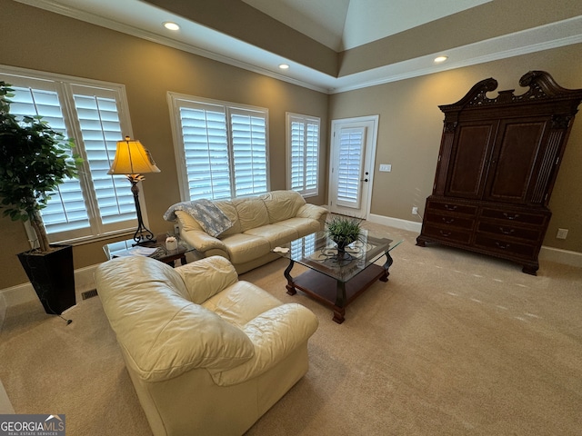 carpeted living room with a towering ceiling and crown molding