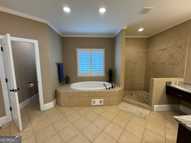 bathroom featuring crown molding, tile flooring, independent shower and bath, and vanity