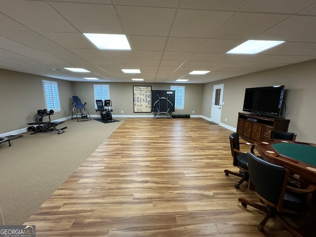 carpeted office with a paneled ceiling