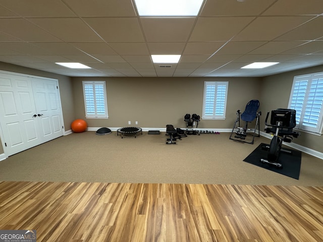 exercise room with hardwood / wood-style floors and a drop ceiling