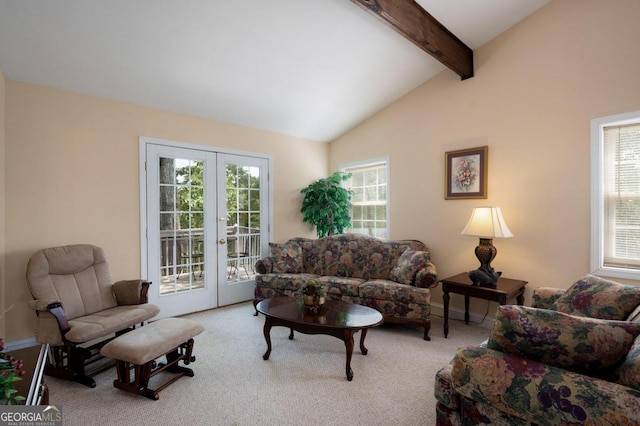 living room with french doors, light carpet, and vaulted ceiling with beams