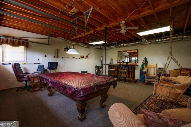 rec room with pool table, bar, and ceiling fan