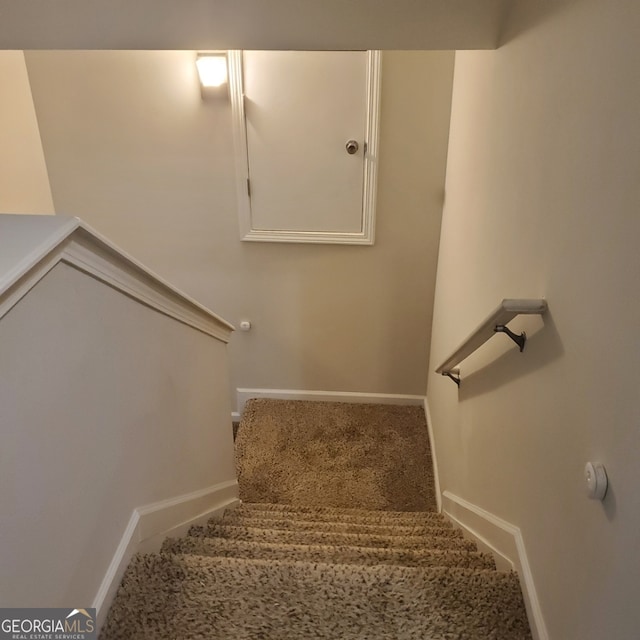 stairway featuring carpet flooring