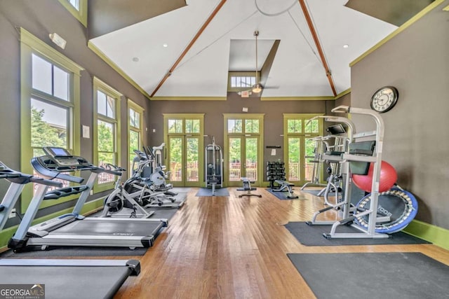 gym featuring high vaulted ceiling, hardwood / wood-style floors, and french doors