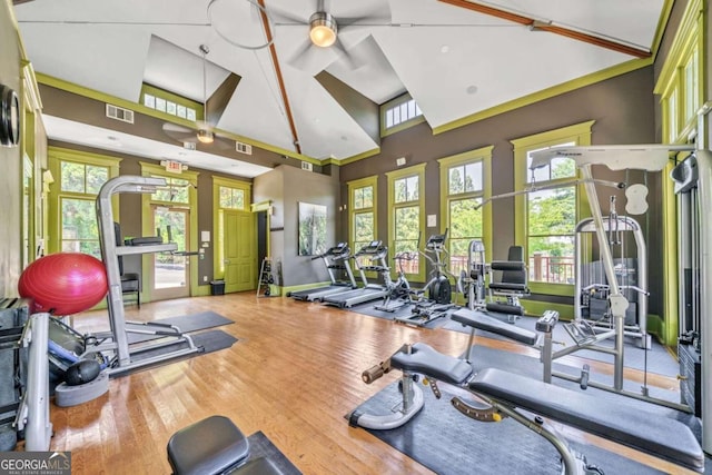 workout area with ceiling fan, hardwood / wood-style flooring, and high vaulted ceiling