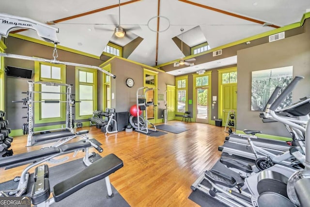 workout area featuring high vaulted ceiling and wood-type flooring