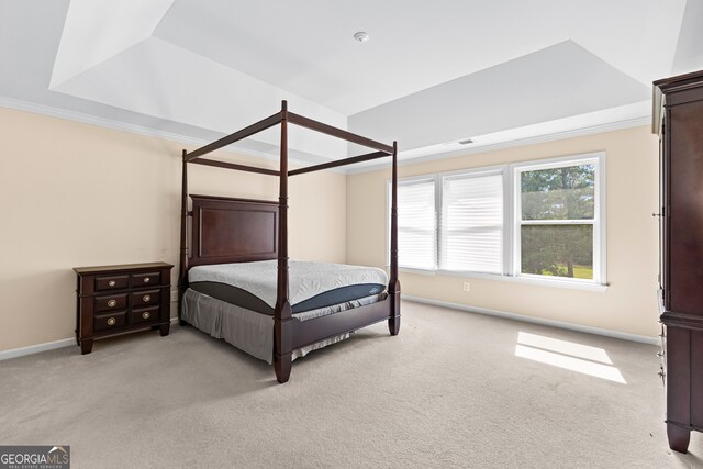 bedroom with a raised ceiling, light carpet, and ornamental molding