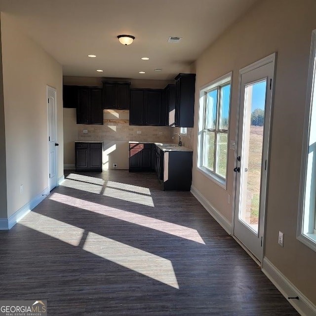 kitchen featuring tasteful backsplash, plenty of natural light, sink, and dark wood-type flooring