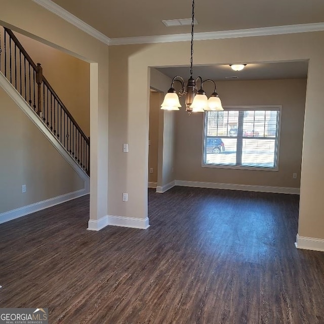 unfurnished dining area featuring a notable chandelier, dark hardwood / wood-style flooring, and ornamental molding