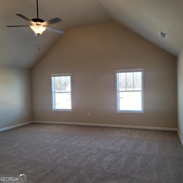 bonus room featuring high vaulted ceiling, baseboards, visible vents, and carpet flooring