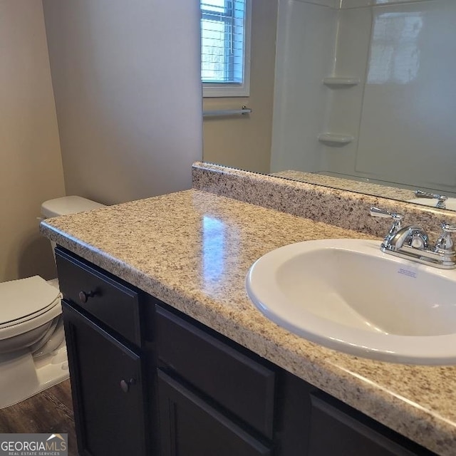 bathroom featuring a shower, vanity, and toilet