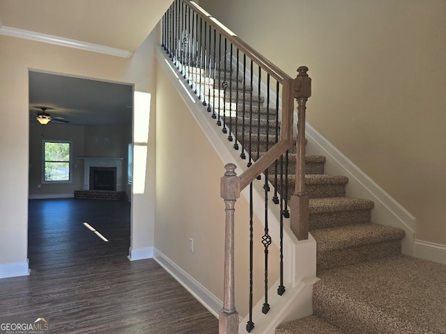 stairway with ceiling fan, a fireplace, crown molding, and hardwood / wood-style floors