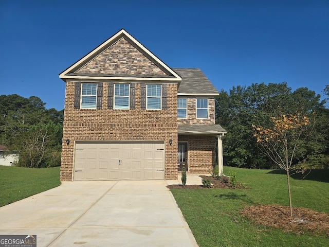 view of front of property with a garage and a front lawn