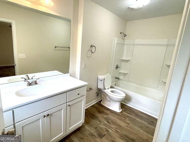 full bathroom with shower / bath combination, vanity, toilet, and wood-type flooring