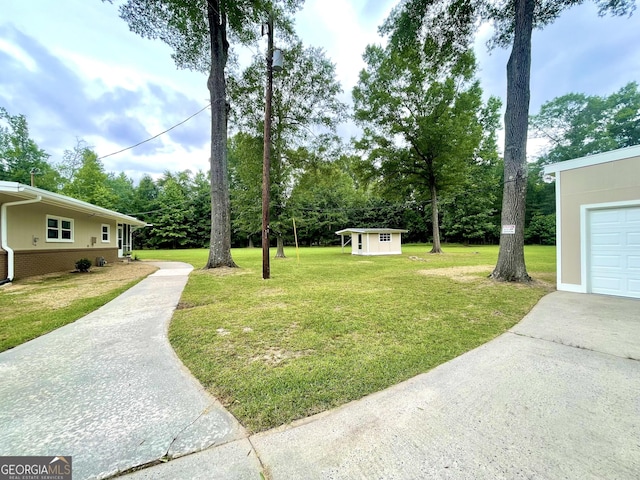 view of yard with a storage shed